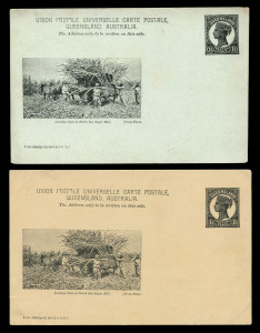 QUEENSLAND - Postal Stationery : POSTAL CARDS (VIEWS): 1898 1½d Medallion Portrait Post Card Essay Proof on thick pale blue-green stock, captioned image of 'Loading Cane at North Isis Sugar Mill'; plus the issued design unused, and used in 1904 from Brisbane to Germany. Ex R. A. Butler. (3 items)