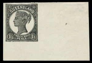 QUEENSLAND - Postal Stationery : POSTAL CARDS (VIEWS): 1898 1½d Medallion Design Stamp Die Proof in black for Postal Card, on ungummed, unwatermarked wove paper. The only example known.