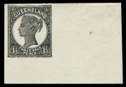 QUEENSLAND - Postal Stationery : POSTAL CARDS (VIEWS): 1898 1&frac12;d Medallion Design Stamp Die Proof in black for Postal Card, on ungummed, unwatermarked wove paper. The only example known.