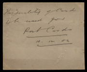 QUEENSLAND - Postal Stationery : POSTAL CARDS (VIEWS): 1904 1d Postal Card sample of card stock, endorsed "This Quality of Card/to be used for/Post Cards" and dated "10.12.03". Ex Abramovich. Tenders were invited for the printing of View Card in 1903, no