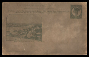 QUEENSLAND - Postal Stationery : POSTAL CARDS (VIEWS): (H&G #12) 1904 Medallion Portrait 1d Essay in black on very poor quality stock with captioned image "Brisbane River from Parliament House"; also the issued card in Chocolate-Brown, also on poor qualit