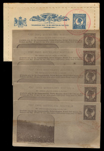 QUEENSLAND - Postal Stationery : POSTAL CARDS (VIEWS): (H&G #14) 1905 Medallion Portrait 1d Chocolate-Brown ("United Kingdom" added to header) set of 5 Cards plus 2d Blue Letter Card glued together in overlapping formation with 'COLLECTION/DE/BERNE/MADAGA