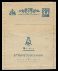 QUEENSLAND - Postal Stationery : LETTER CARDS: 1895 2d Card Perf 12 Proof in issued blue/pale yellow colour with four dotted address lines, which are centred to the right, on unwatermarked laid stock, pencil lines on reverse suggesting the card was hand cut. Only known example. The instructional text on reverse, with comma after 'Queensland', was adopted for the first 2d Letter Card released by the Colony on 1 June 1895.