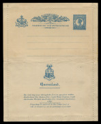 QUEENSLAND - Postal Stationery : LETTER CARDS: 1895 2d Card Perf 12 Proof in issued blue/pale yellow colour with four dotted address lines, which are centred to the right, on unwatermarked laid stock, pencil lines on reverse suggesting the card was hand c