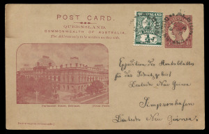 QUEENSLAND - Postal Stationery : POSTAL CARDS (VIEWS): (H&G #15 & 15a) 1908 Medallion Portrait 1d with amended to 'POST CARD' heading in various shades, comprising view 'Parliament House" with 60mm 'Commonwealth of Australia' heading (3, one unused) or with 58mm 'Commonwealth of Australia' heading (3, one unused) including 1909 Albion uprated ½d, to the rare destination of German New Guinea;