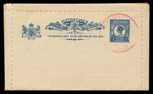 QUEENSLAND - Postal Stationery : LETTER CARDS: (H&G #4) 1895 2d Type 6 (Head Die I, Front Arms Die B, Reverse Arms Die 2B) Card with with 'COLLECTION/DE/BERNE/MADAGASCAR' specimen cachet in rosine.