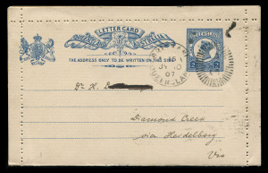 QUEENSLAND - Postal Stationery : LETTER CARDS: (H&G #4) 1895 2d Type 8 (Head Die II, Front Arms Die B, Reverse Arms Die 3A) Card, being a rare postally used example used 1907 (Jul.10) from Brisbane to Melbourne. Only three used Type 8 cards are recorded; no unused cards are known.