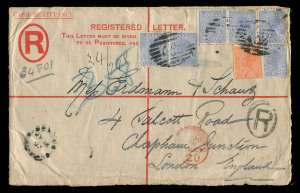 QUEENSLAND - Postal Stationery : REGISTRATION ENVELOPES - FORMULAR: 1891 New Design Formular Registration Envelopes, McCorquodale Sizes H (125mm x 200mm) unused and used 1893 Oontoo to London with Sidefaces 2d (6) and 1d tied by Bars '432' cancels (rated 3R), 'OONTOO' departure datestamp (rated 3R), FARINA (SA) squared-circle and ADELAIDE transits & LONDON arrival backstamps. The only recorded used example. (2)