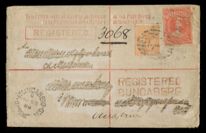 QUEENSLAND - Postal Stationery : REGISTRATION ENVELOPES - FORMULAR: 1888 usage of McCorquodale Size G formular registration envelope to Austria with 2/6d Chalon plus 1d Sidefaces, tied by indistinct Bars cancels, paying 4d registration plus 2/3d postage, 'REGISTERED/BUNDABERG' two-line handstamp, appropriate backstamps; also an unused example of the Size G envelope. Only 5 used examples recorded. (2)