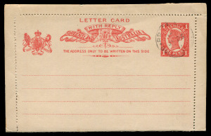 QUEENSLAND - Postal Stationery : LETTER CARDS - WITH REPLY: (H&G #6) 1911 Letter Card with Reply, Perf 10½, with unused (2, with & without perfs extending to edge of card), CTO with 'COLLECTION/DE/BERNE/MADAGASCAR' specimen cachet, and used from Eudunda (SA) to Germany; also CTO Specimen card on cream stock, unrecorded by Collas; generally fine. (5 items)