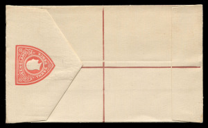 QUEENSLAND - Postal Stationery : REGISTRATION ENVELOPES: 1912 KEVII 3d (in red) Size G2 Envelope on off-white stock printed by JB Cooke, Commonwealth Stamp Printer (Melbourne), a "hybrid" Envelope with the lines on front in red, and lines on reverse in brownish-red, unused; small surface mark & tiny corner tear. Not recorded by Higgins & Gage. The only example in private hands.