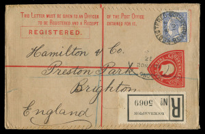 QUEENSLAND - Postal Stationery : REGISTRATION ENVELOPES: (H&G #1) 1909 KEVII 3d (in red) Size G Registration Envelopes with McCorquodale imprint under the slightly curved flaps, comprising unused (2) and used 1912 Dalby to Brisbane and 1910 from Rockhampton to England with black/white registration label, both uprated, the former with no stop after 'IT'; fawn, deep brown & pale yellow stocks are all represented; generally fine. (4)