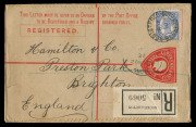 QUEENSLAND - Postal Stationery : REGISTRATION ENVELOPES: (H&G #1) 1909 KEVII 3d (in red) Size G Registration Envelopes with McCorquodale imprint under the slightly curved flaps, comprising unused (2) and used 1912 Dalby to Brisbane and 1910 from Rockhampt