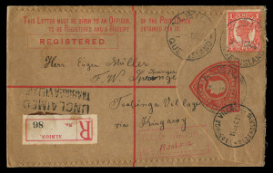 QUEENSLAND - Postal Stationery : REGISTRATION ENVELOPES: (H&G #2) 1909 KEVII 3d (in red) Size G Registration Envelopes in buff, with De La Rue imprints under the strongly curved flaps, comprising unused and used 1912 Albion to Taabinga Village via Kingaroy uprated with 1d Sideface, ALBION Type 6 datestamps (rated 5R) tying cover, TAABINGA VILLAGE arrival datestamp (rated 5R) and rare 'UNCLAIMED/TAABINGA VILLAGE' two-line handstamp, BRISBANE DLO datestamp on reverse;