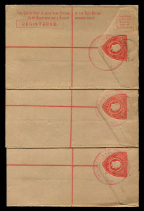 QUEENSLAND - Postal Stationery : REGISTRATION ENVELOPES: (H&G #1) 1909 KEVII 3d (in red) Size G Registration Envelopes with McCorquodale imprint comprising 3 Envelopes glued together in overlapping formation with 'COLLECTION/DE/BERNE/MADAGASCAR' UPU Collection specimen cachets in rosine, plus two Specimen Envelopes for UPU, one "Without stop after IT" with 'BRISBANE/27JA09' CTO datestamp, the other "With stop" and 'MELBOURNE/12DE12' CTO datestamp; fine condition. (5)