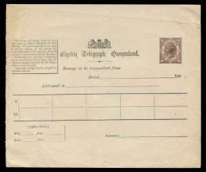 QUEENSLAND - Postal Stationery : TELEGRAPHS & TELEGRAMS: 'Electric Telegraph, Queensland' form (198x165mm) with 'TELEGRAPH/ONE SHILLING' letterpress impression at upper right; some creasing; overall very fine condition for such a rare survivor. Issued in July 1882, only 1600 Forms were sold. No used examples have been recorded.
