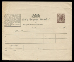 QUEENSLAND - Postal Stationery : TELEGRAPHS & TELEGRAMS: 'Electric Telegraph, Queensland' form (198x165mm) with 'TELEGRAPH/ONE SHILLING' letterpress impression at upper right; some creasing; overall very fine condition for such a rare survivor. Issued i