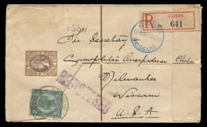 QUEENSLAND - Postal Stationery : REGISTRATION ENVELOPES: 1912 apparent provisional use of Western Australia Size G2 3d Registration Envelope - prior to release of the JB Cooke (Melbourne) 3d Envelope on 19.12.1912 - used (Nov.17) from Cairns to Wisconsin, USA, uprated with 2½d slate/blue tied by CAIRNS datestamp, BRISBANE,& SAN FRANCISO transits and MILWAUKEE arrival backstamp. The only recorded example of such usage.
