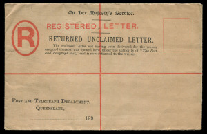 QUEENSLAND - Postal Stationery : REGISTRATION ENVELOPES - FORMULAR, OFFICIAL: c.1890 'RETURNED UNCLAIMED LETTER' OHMS unstamped Envelopes with 3-line "The Post and Telegraph Act" inscription, on brown linen-lined stock, unused and used at Brisbane in 1903, the used envelope with vertical fold & small blemishes. (2)