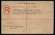 QUEENSLAND - Postal Stationery : REGISTRATION ENVELOPES - FORMULAR, OFFICIAL: c.1890 'RETURNED UNCLAIMED LETTER' OHMS unstamped Envelopes with 3-line "The Post and Telegraph Act" inscription, on brown linen-lined stock, unused and used at Brisbane in 1903
