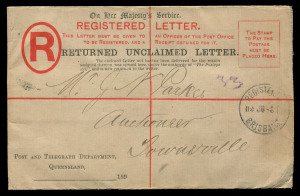 QUEENSLAND - Postal Stationery : REGISTRATION ENVELOPES - FORMULAR, OFFICIAL: c.1892 Amended Font 'RETURNED UNCLAIMED LETTER' OHMS unstamped Envelopes with 3-line "The Post and Telegraph Act" inscription, on brown linen-lined stock, comprising 1899 Brisbane local usage and 1892 (?) Brisbane to Townsville, with additional wording in red at top; fine condition. (2)