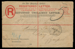 QUEENSLAND - Postal Stationery : REGISTRATION ENVELOPES - FORMULAR, OFFICIAL: c.1892 Amended Font 'RETURNED UNCLAIMED LETTER' OHMS unstamped Envelopes with 3-line "The Post and Telegraph Act" inscription, on brown linen-lined stock, comprising 1892 (?) Brisbane to Townsville with additional wording in red at top and 1902 (?) Brisbane to Morningside with OHMS inscription changed to "His" reflecting change of monarch, MORNINGSIDE backstamp (rated 4R); latter item a tad aged, but only two recorded.