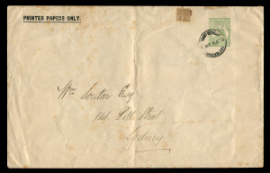 QUEENSLAND - Postal Stationery : ENVELOPES - PTPO - COMMONWEALTH ERA: (BW #ES1) 1913 use of ½d Kangaroo Envelope (230x150mm) for Mount Morgan Gold Mining Co, Rockhampton (embossed on flap), MOUNT MORGAN '9JE13' datestamp tying stamp, SYDNEY arrival backstamp; central fold and some light aging, Cat. $500. Low survival rate.