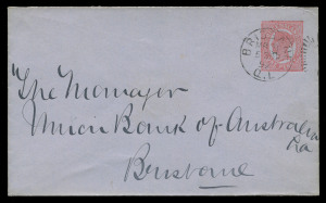 QUEENSLAND - Postal Stationery : ENVELOPES - PTPO: (H&G #2&3) No Corner Figures selection for user 'BD Morehead & Co/Brisbane' (embossed on flaps) comprising 1d red-brown on grey stock unused, 1d red-brown and 1d cerise on grey stock postally used, 2d dar