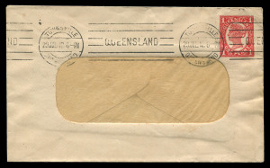 QUEENSLAND - Postal Stationery : ENVELOPES - PTPO: (H&G #4a) 1d Four Corner Figures in Vermilion on cream paper window envelope for user Cummins & Campbell/Townsville, embossed logo on flap, TOWNSVILLE '29JUL12' machine cancel. One of only two examples recorded.