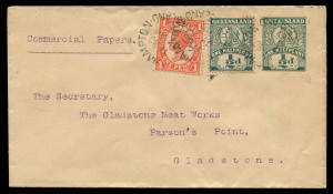 QUEENSLAND - Postal Stationery : ENVELOPES - PTPO: (H&G 6) ½d Widow Weeds in Green for unknown user(s) on off-white stock comprised unused (2), one with variety "White spot in lower left corner tablet"; also 1904 (Jul.24) endorsed 'Commercial Papers' used from Rockhampton to Gladstone Meat Works (Gladstone b/s), uprated with ½d and Four Corners 1d, and 1916 (Jan.17) to Brisbane with KGV ½d Green added and tied by MELBOURNE machine cancel; the latter with minor opening faults