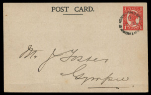 QUEENSLAND - Postal Stationery : POSTAL CARDS - PTPO: 1912 Four Corners 1d in Vermilion on off-white card for user Alfred Shaw & Co (Brisbane), printed advice on reverse, used in 1911 (Feb.22) from Stanthorpe to Gympie. Only 8 PTPO postcards known, other recorded user is Burns, Philp & Co.