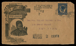 QUEENSLAND - Postal Stationery : ENVELOPES - PTPO - NEW ZEALAND INSURANCE Co: (H&G #4&5) 1902 Four Corner Figures 1d in vermilion & 2d in blue for New Zealand Insurance Co Fire & Marine (90x152mm) King Wherowhero First Design on buff stock, with Type 3 Illustration Panel at left, Knife Type 6, both values unused and used, the 1d used 1905 Brisbane to Toowoomba, the 2d used 1903 Brisbane to New York, ½d underpaid, with 'COLLECT/POSTAGE/2/CENTS' handstamp applied. (4)