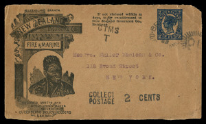 QUEENSLAND - Postal Stationery : ENVELOPES - PTPO - NEW ZEALAND INSURANCE Co: (H&G #4&5) 1902 Four Corner Figures 1d in vermilion & 2d in blue for New Zealand Insurance Co Fire & Marine (90x152mm) King Wherowhero First Design on buff stock, with Type 3 Il