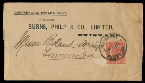 QUEENSLAND - Postal Stationery : WRAPPERS - PTPO: 1911 (Aug.3) use of Four Corners 1d vermilion Newspaper Wrapper for user Burns, Philp & Co (Brisbane), addressed to Toowoomba, BRISBANE datestamp cancels stamp. Not listed by Higgins & Gage. The only recorded example. One other such wrapper is known, for user Harper & Co of Brisbane.