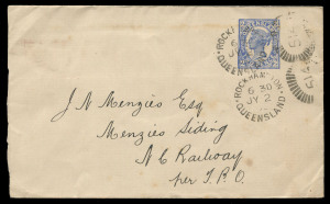 QUEENSLAND - Postal Stationery : ENVELOPES - PTPO: (H&G #4&5) No Corner Figures 2d blue on off-white stock for Mount Morgan Gold Mining Co, 1895-96 commercial use (3, one with part flap missing); also 1898 use of Four Corners 2d Bankers Envelopes in pale blue (2) or in bright blue on off-white stock; all envelopes with embossed company logo on flaps; also stamp-only cut-outs (2) one in slate-blue shade which is only known as a cut-out. (6 Envelopes & 2 cut-outs)