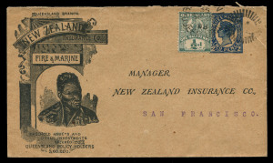 QUEENSLAND - Postal Stationery : ENVELOPES - PTPO - NEW ZEALAND INSURANCE Co: (H&G #5) 1902 Four Corner Figures 2d in blue for New Zealand Insurance Co Fire & Marine, King Wherowhero First Design on surfaced/gloss buff stock (90x152mm), Type 3 Illustration Panel at left, Knife Type 6, without Return Address admonition, comprising 1903 Brisbane to Wellington and 1903 to San Francisco uprated with ½d to pay foreign letter rate. (2)