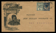 QUEENSLAND - Postal Stationery : ENVELOPES - PTPO - NEW ZEALAND INSURANCE Co: (H&G #5) 1902 Four Corner Figures 2d in blue for New Zealand Insurance Co Fire & Marine, King Wherowhero First Design on surfaced/gloss buff stock (90x152mm), Type 3 Illustratio