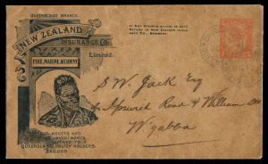 QUEENSLAND - Postal Stationery : . ENVELOPES - PTPO - NEW ZEALAND INSURANCE Co: (H&G #4) 1902 Four Corner Figures 1d in vermilion for New Zealand Insurance Co Fire, Marine, Accident, King Wherowhero First Design on buff stock (84x145mm), Type 1 Illustration Panel at left, Knife Type 6, with Return Address admonition; used 1906 (Oct.17) Brisbane to Woolloongabba. The 'Fire, Marine, Accident' envelopes are extremely rare.