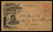 QUEENSLAND - Postal Stationery : . ENVELOPES - PTPO - NEW ZEALAND INSURANCE Co: (H&G #4) 1902 Four Corner Figures 1d in vermilion for New Zealand Insurance Co Fire, Marine, Accident, King Wherowhero First Design on buff stock (84x145mm), Type 1 Illustrati
