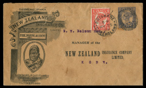 QUEENSLAND - Postal Stationery : ENVELOPES - PTPO - NEW ZEALAND INSURANCE Co: (H&G #4&5) 1906 Four Corner Figures 1d in vermilion and 2d in blue for New Zealand Insurance Co, Fire, Marine, Accident, King Wherowhero Second Design on buff stock (84x145mm), with Type 1 Illustration Panel at left, Knife Type 6, the Return Address admonition in sans-serif upper case; 1d Envelope (tear) 1906 (?) Brisbane local use, 2d Envelope (reinforced opening faults) uprated with Four Corners 1d for 1909 transit