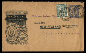 QUEENSLAND - Postal Stationery : ENVELOPES - PTPO - NEW ZEALAND INSURANCE Co: (H&G #4&5) 1906 Four Corner Figures 1d in vermilion and 2d in blue for New Zealand Insurance Co, Fire, Marine, Accident, King Wherowhero Third Design on buff stock (84x145mm), Knife Type 1, with 1d Envelope used 1910 from Brisbane to Toowong, 2d Envelope unused and used 1909 (Oct.7) Brisbane to San Francisco uprated with ½d, the later without printed return address, all have advertising wording on flap;