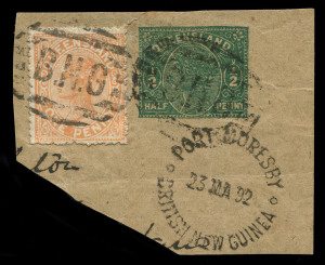 QUEENSLAND - Postal Stationery : WRAPPERS - USED IN B.N.G.: (H&G #1) ½d Lined Background cut-outs used in British New Guinea comprising uprated piece tied by Lee Type 7 'B.N.G' Bars cancel with fine 'PORT MORESBY/23MA92/BRITISH NEW GUINEA" datestamp beneath; also close cut piece with bold strike of the Type 7 canceller. The only two examples known. (2 items)