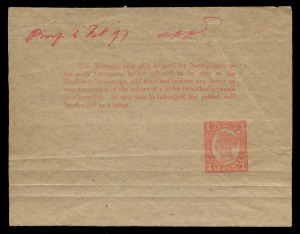 QUEENSLAND - Postal Stationery : WRAPPERS: 1897 1d Four Corners Proof in Rose-Red with the "Stamp Positioned 5mm to the Right of the End of the Text and 10mm below the penultimate text line", on horizontally laid paper (292x127mm), endorsed "Proof 8 Feb 97/Appd" in red ink at top. On the issued wrapper the stamp indicia is located 14-16mm below the penultimate text line and is aligned with the right edge of the text.