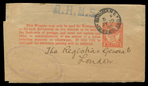 QUEENSLAND - Postal Stationery : WRAPPERS - OFFICIAL: 1905-07 usages of Four Corners 1d Red, all with 'O.H.M.S.' handstamps at top and with oval 'Statistical Office' or 'Government Statistician' cachets at lower-left, comprising 1905 complete wrappers to London (2), 1906 Brisbane to Adelaide & 1907 Brisbane to Wellington wrapper fronts each endorsed 'BOOK POST', both with "Short leg to 'H' of OHMS overprint". Four of the five recorded examples.