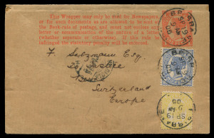 QUEENSLAND - Postal Stationery : WRAPPERS: 1897 1d Four Corners Types 1, 2, 3 to 3a wrapper range with unused & used examples of each type, noting shades, paper stocks & varieties, plus better destinations including 1900 Mackay to Java, 1905 Brisbane to Switzerland uprated with 4d yellow and 2d to pay 7d per 10oz rate, 1911 Brisbane to German New Guinea, 1913 Brisbane to Germany taxed; condition variable, mostly fine. (15)