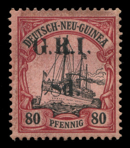 NEW GUINEA - 'G.R.I.' Overprints : 1914-15 (SG.26) Overprints on GNG Yachts, 5mm Spacing 8d on 80pf black & carmine/rose, 10th Setting Position 2, unused (regummed), Cat. £425. RPSofV Certificate (2006).