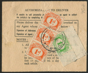 PAPUA NEW GUINEA : 1965 (Sep.16) use of Customs Assessment Card with Postage Dues 1/- & 1d strip of 3 tied by 'TOBOI/16SE65/TP&NG' datestamp.