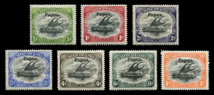 PAPUA : 1906 (SG.17-19 & 21-24) Large 'Papua' simplified set to 1/-, comprising Wmk Vertical ½d to 2½d and Wmk Horizontal 4d to 1/-, key 4d value is very well centred, fresh MLH/MVLH, Cat. £400+. (7)