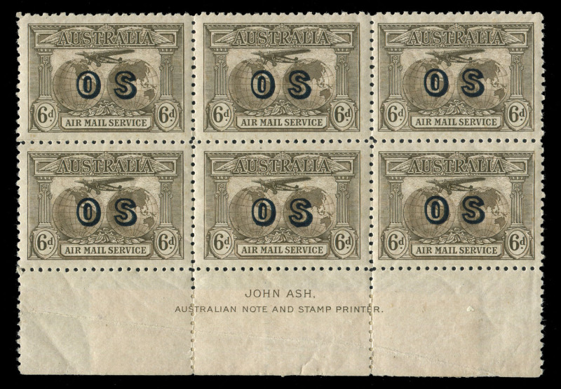 Other Pre-Decimals : 1931 (SG.139a) 6d Kingsford Smith optd 'OS' John Ash Plate 1 imprint block of 6, reinforced pre-printing crease in sheet margin, MUH, Cat $475.