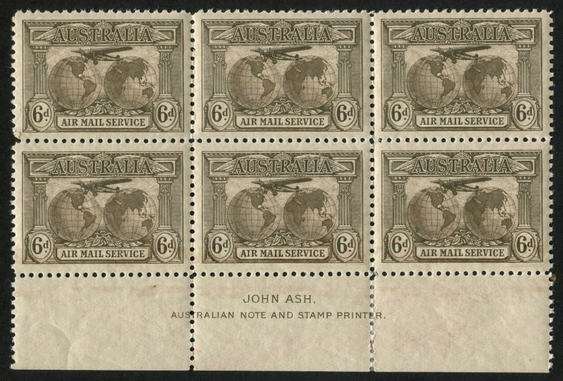 Other Pre-Decimals : 1931 (SG.139) 6d Kingsford Smith John Ash Plate 1 imprint block of 6, MUH, Cat. $375.